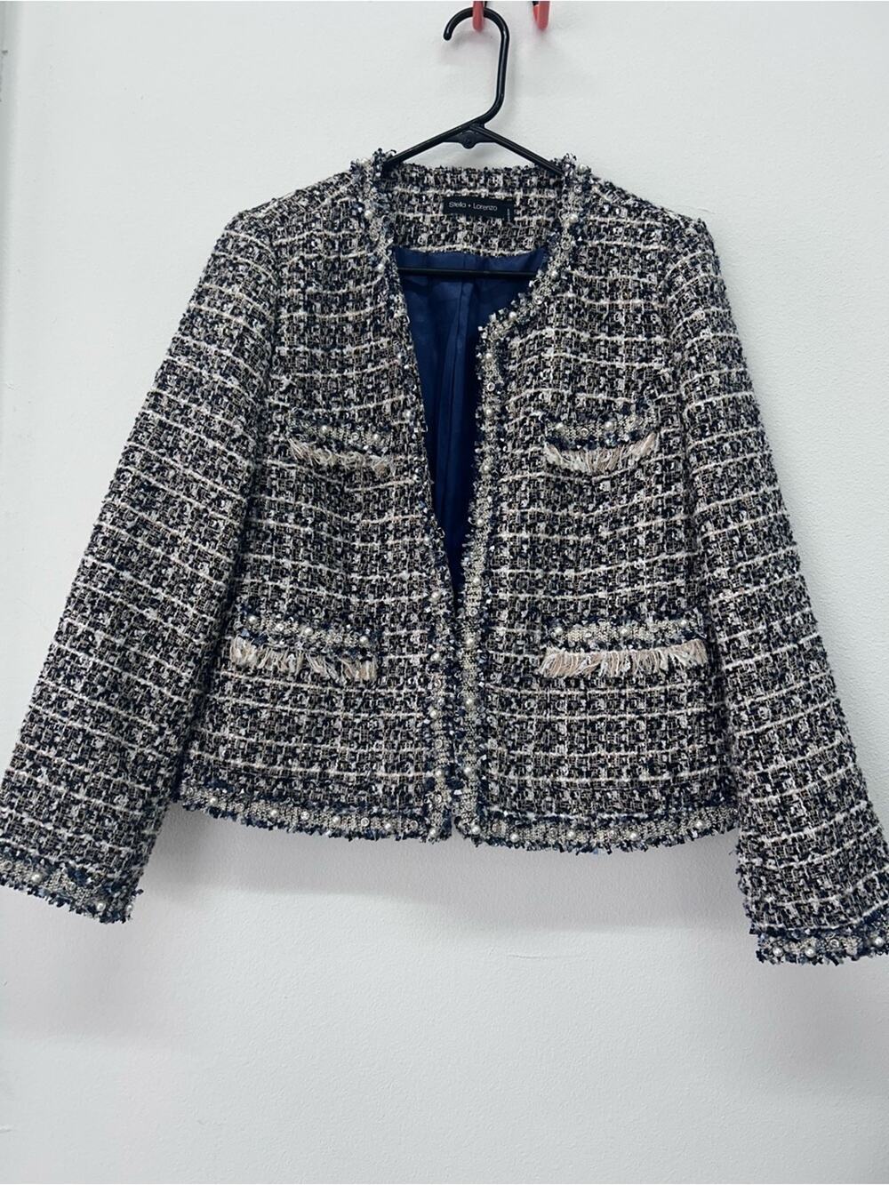 NWOT Stella + Lorenzo Navy and Ivory Tweed Fringe Embellished Jacket Size M